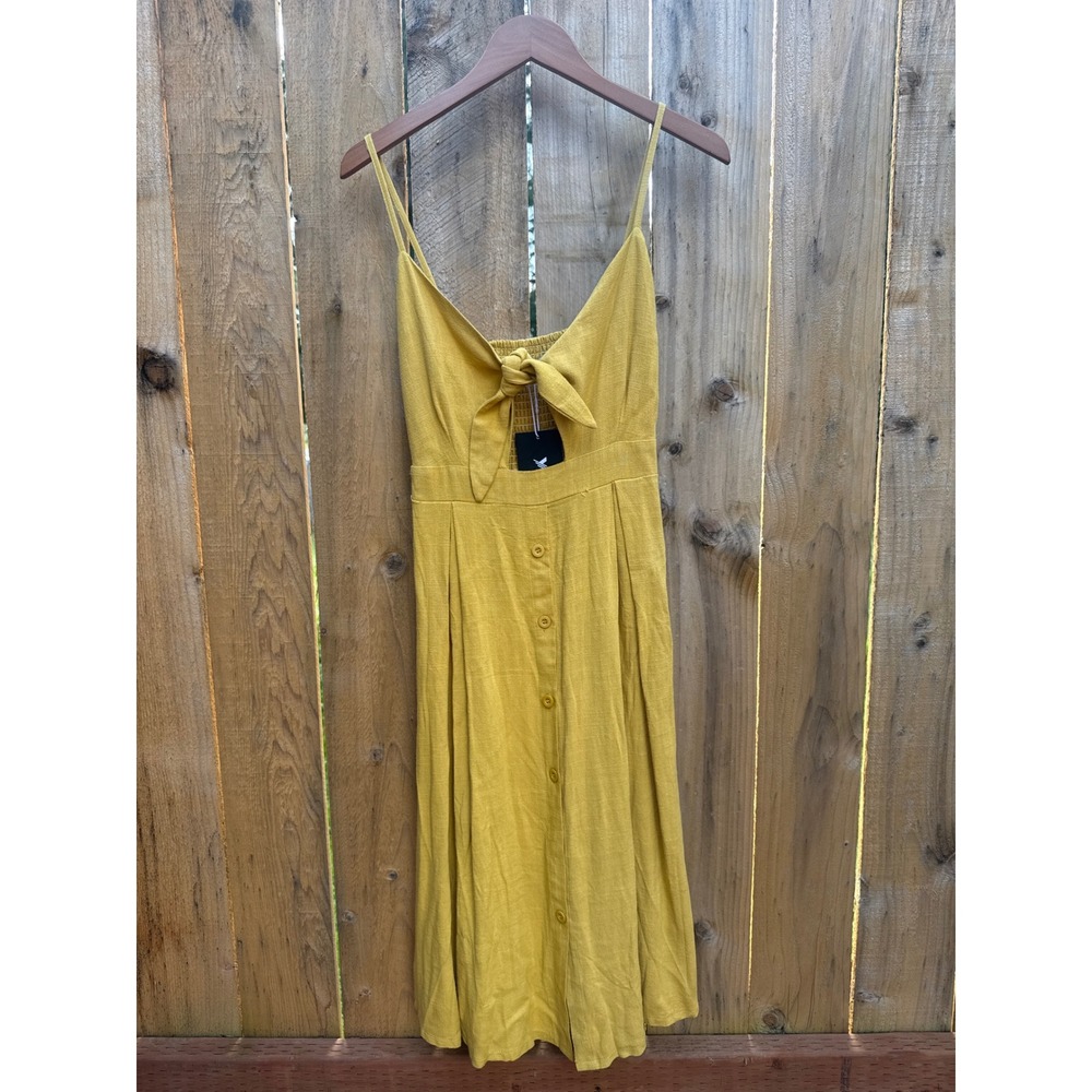 Yidarton Mustard Yellow Tie Front Button Down Midi Sundress Large NWT